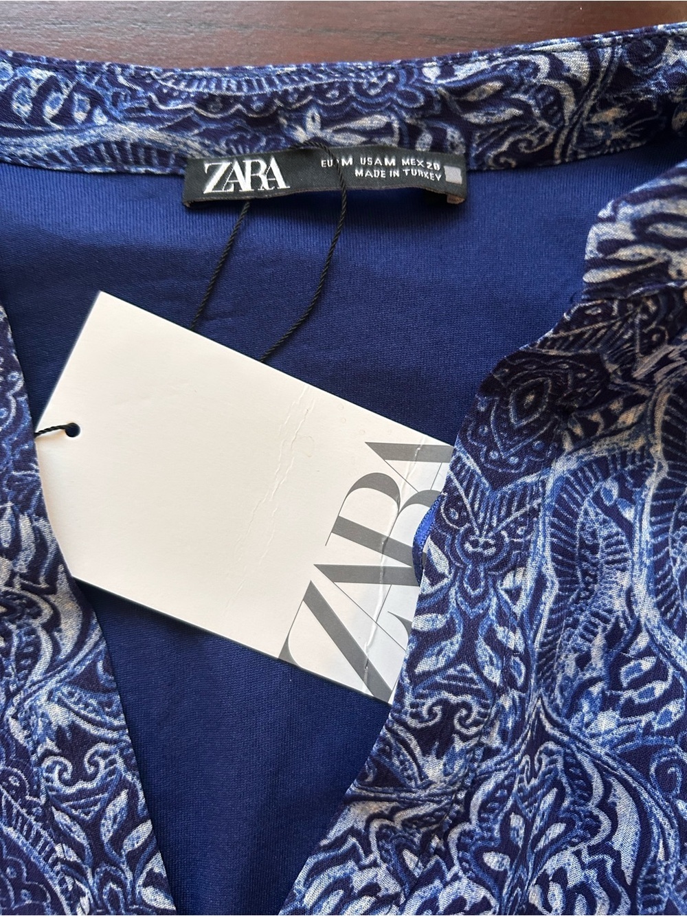 New Zara Blue Paisley V‑Neck Long‑Sleeve Mini Dress size M - Picture 5 of 10